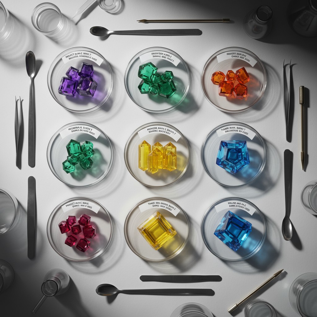 Formal laboratory region filled with vibrant, purposeful, preservative encased gems across eight Petri dishes.