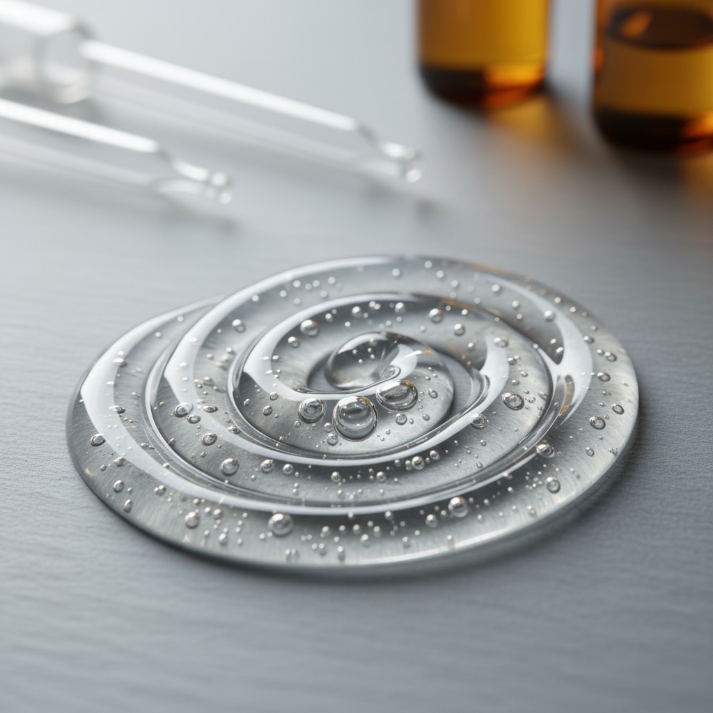 A close-up of a circular, shallow dish with water droplets. Glass droppers and other containers in background.