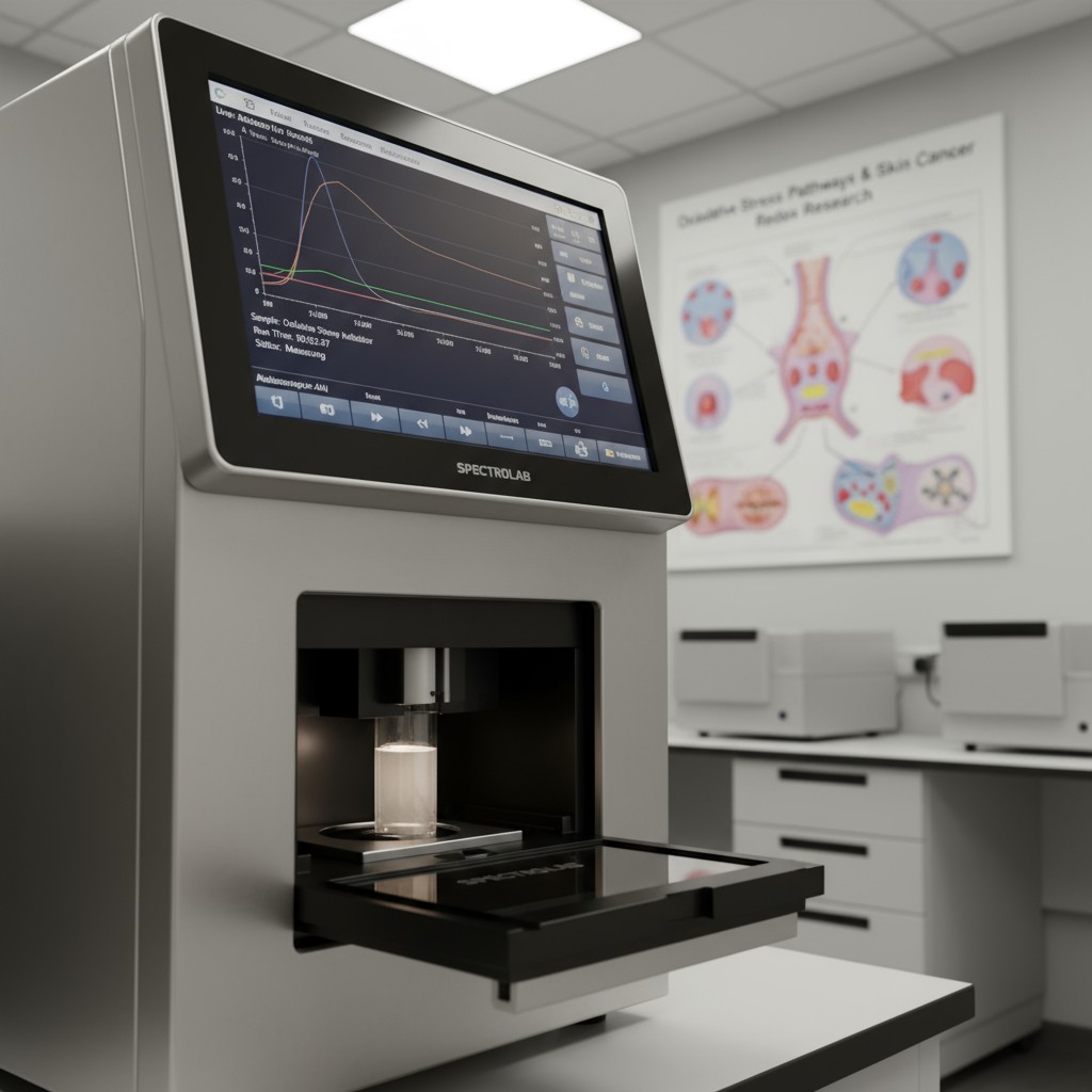 The image depicts a laboratory spectrometer, a machine used to analyze the composition of materials. The spectrometer feat...