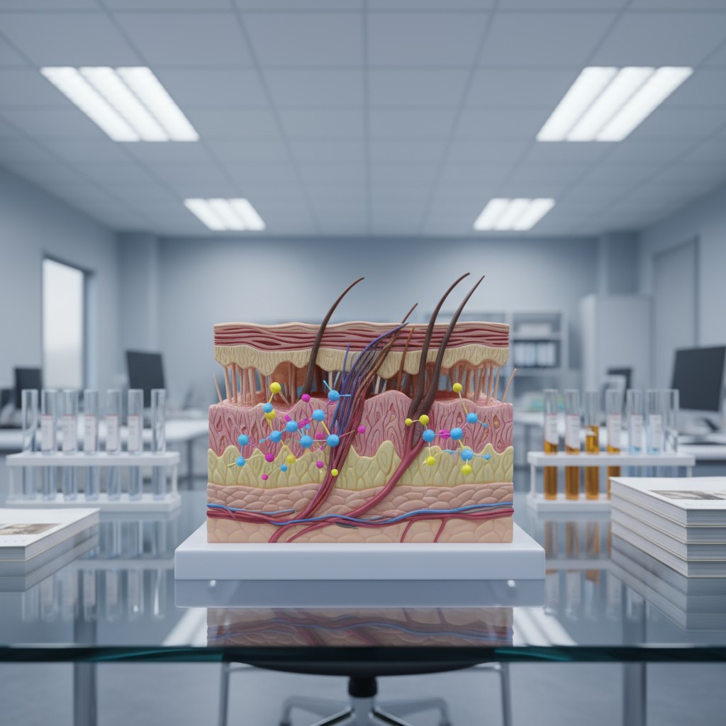 A cross-section of human skin on a table in a lab setting, showcasing the epidermis.